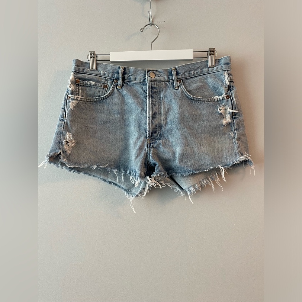 Agolde Light Blue Distressed Denim Jean Shorts